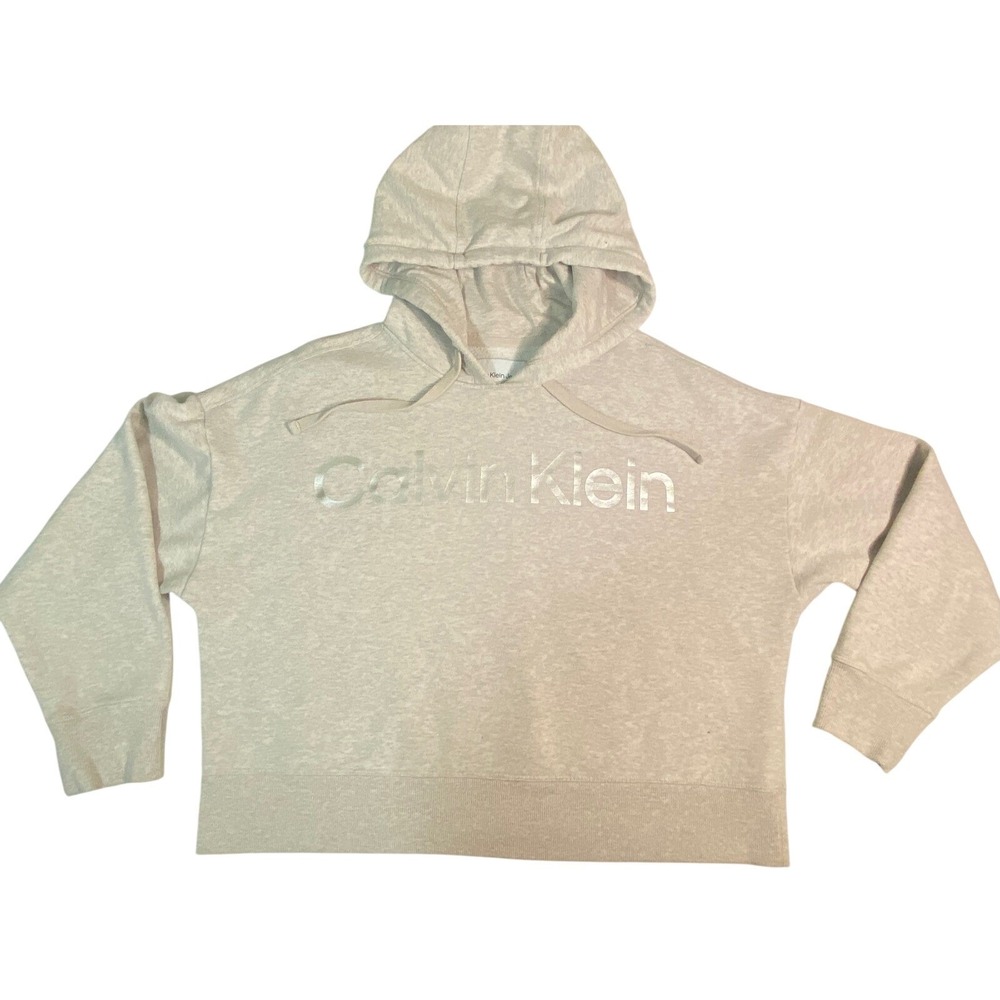 Calvin Klein Jeans Womens Lg Hoodie Gray Metallic Silver Logo Cropped Pullover - Picture 2 of 7
